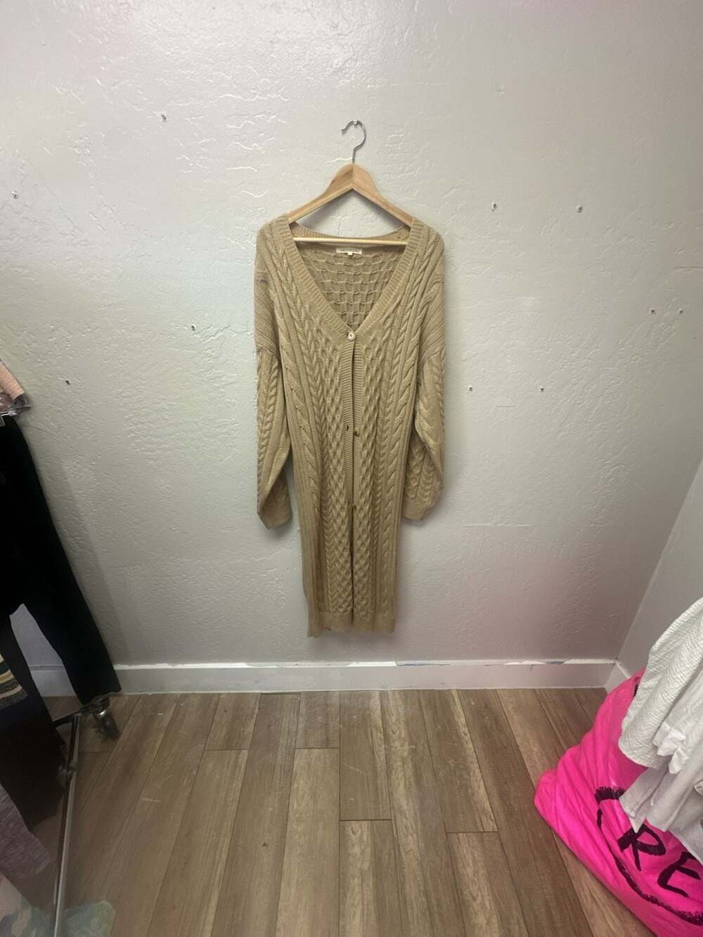 et-et Beige Cable Knit Long Button Down Cardigan Sweater